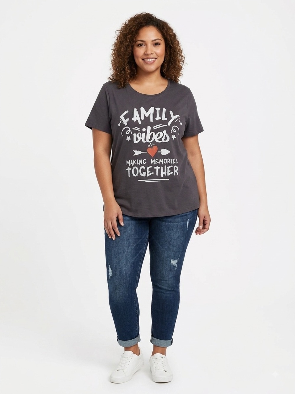 Gildan Charcoal Short Sleeve 'Family Vibes' Graphic Tee with Heart Accent